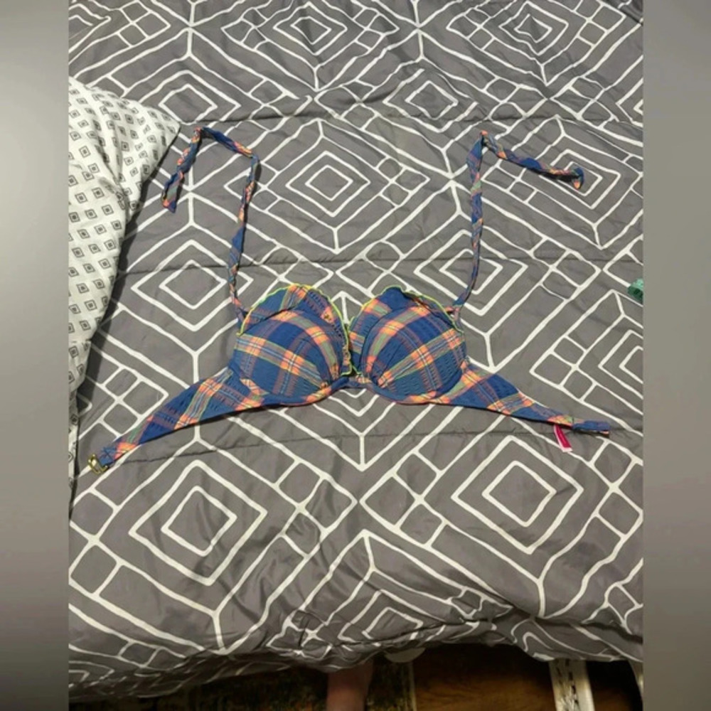 Victoria Secret Y2K Gingham Push Up Bikini Top Ruffled Strap Halter Neck Sz. 32C